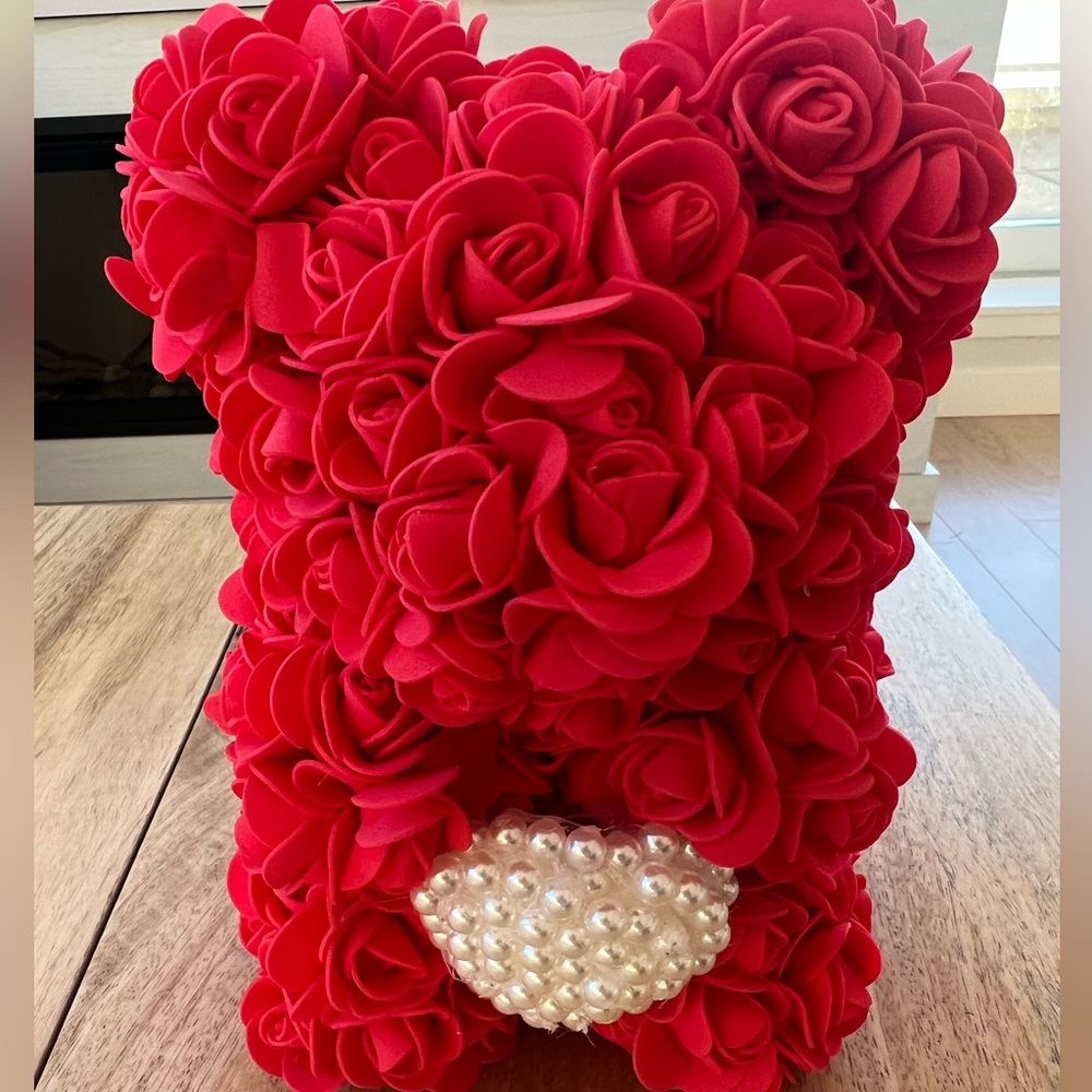 Home Accent Faux Flower Rose Bear with Pearl Heart